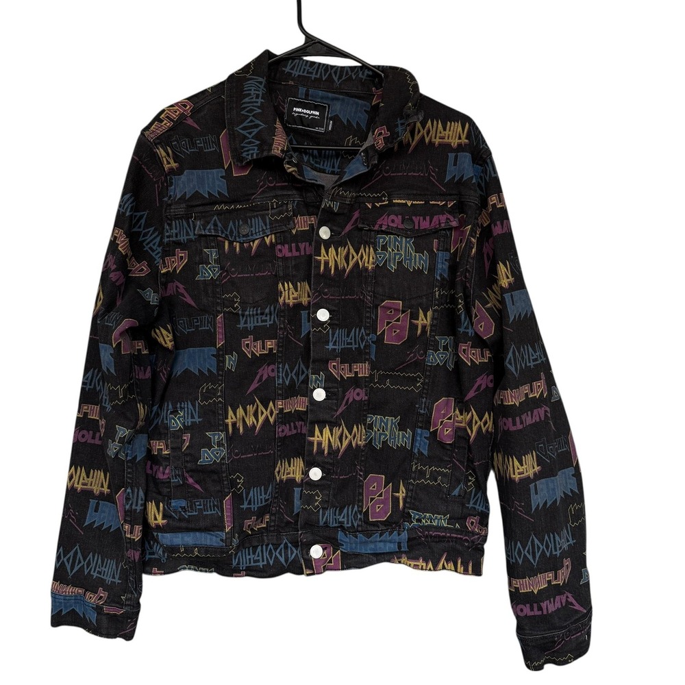 Pink Dolphin Jacket Mens Medium Black Denim Allover Logo Print Trucker